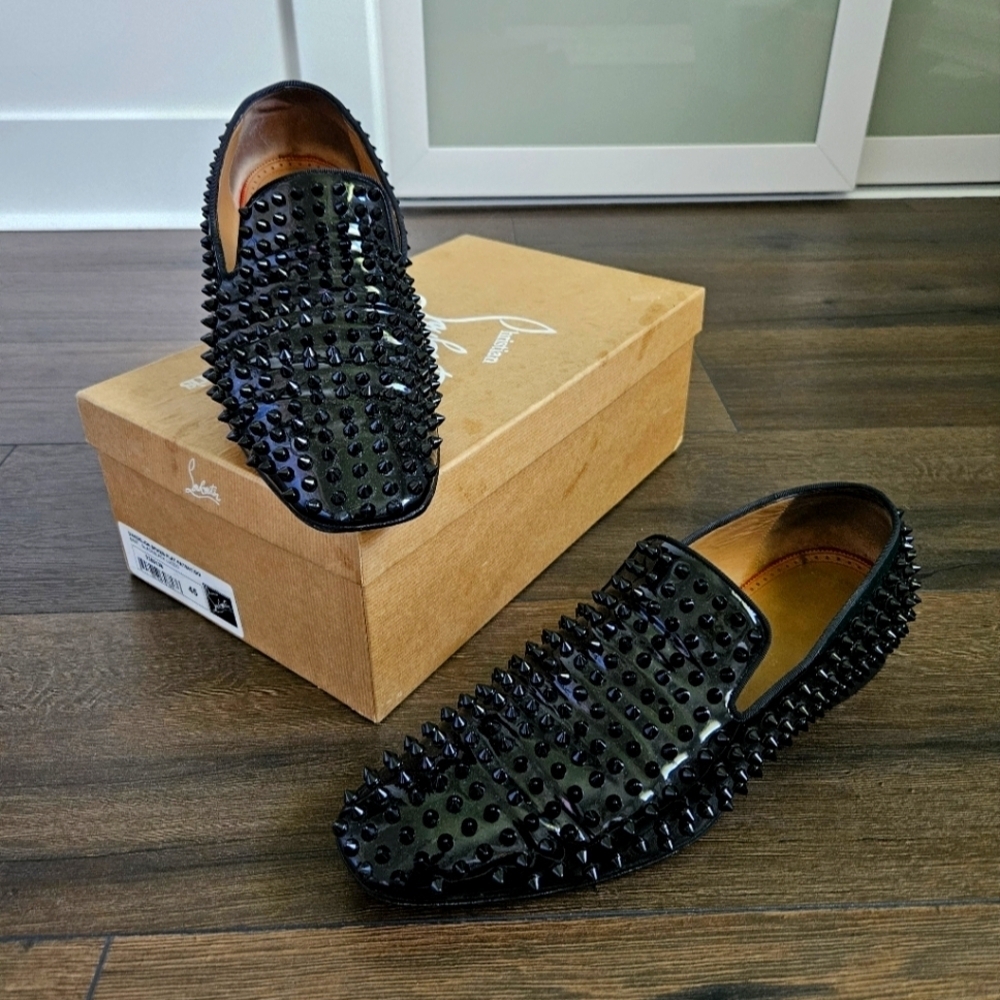 Louboutin Men's Black Dandelion Spikes Flat Patent - Size 45 US 11